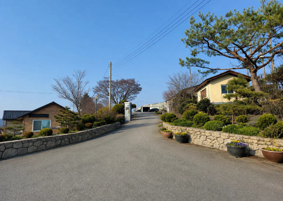 충남 청양 근풍실업 공장 진입로와 조경 전경